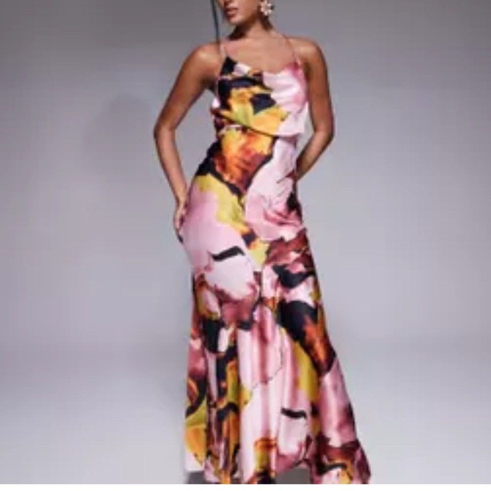 ASOS DESIGN strappy tie back cowl front satin maxi dress in print